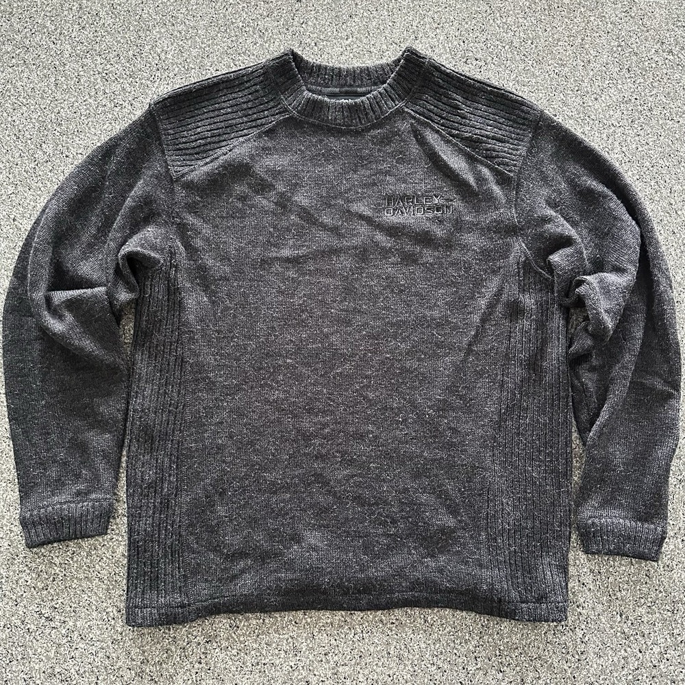 Harley Davidson Wool Blend Sweater‎ Mens M Crew Embroidered Charcoal Grey